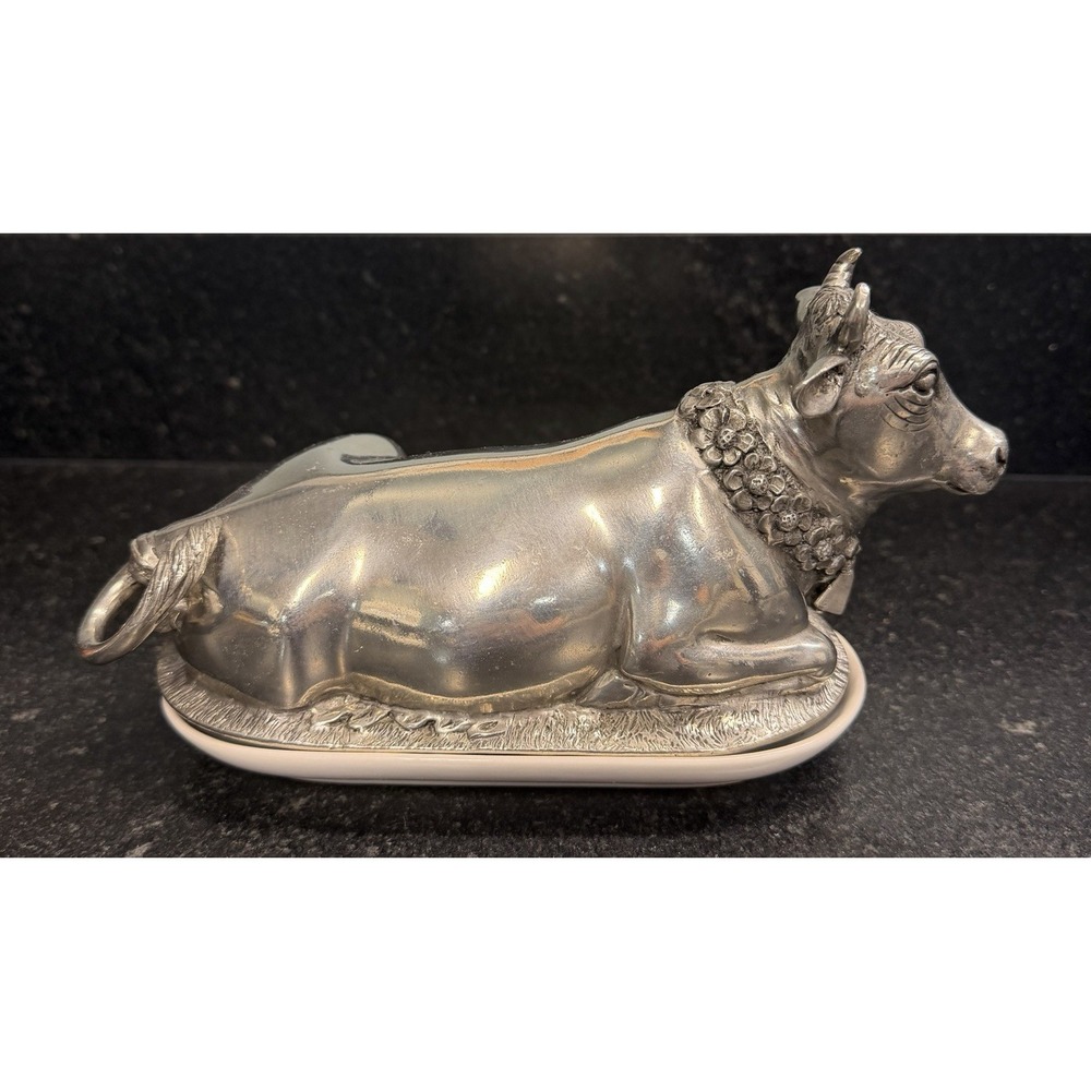 Vagabond House Pewter Cow Butter Dish Covered Butter Keeper Ceramic Tray